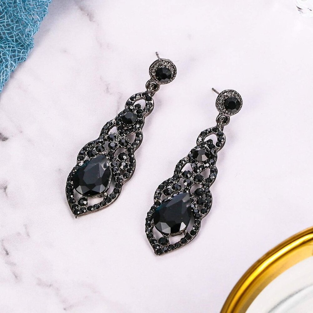 Women's Black-tone Crystal Art Deco Dangle Earrings, Bridal, Chandelier, 2.3-inc - Picture 4 of 6